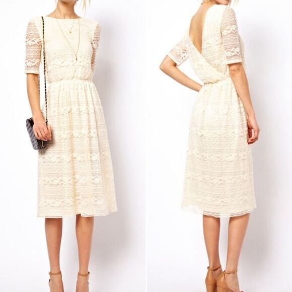 Asos Cream Lace V Back Midi Dress 2 - Picture 9 of 9